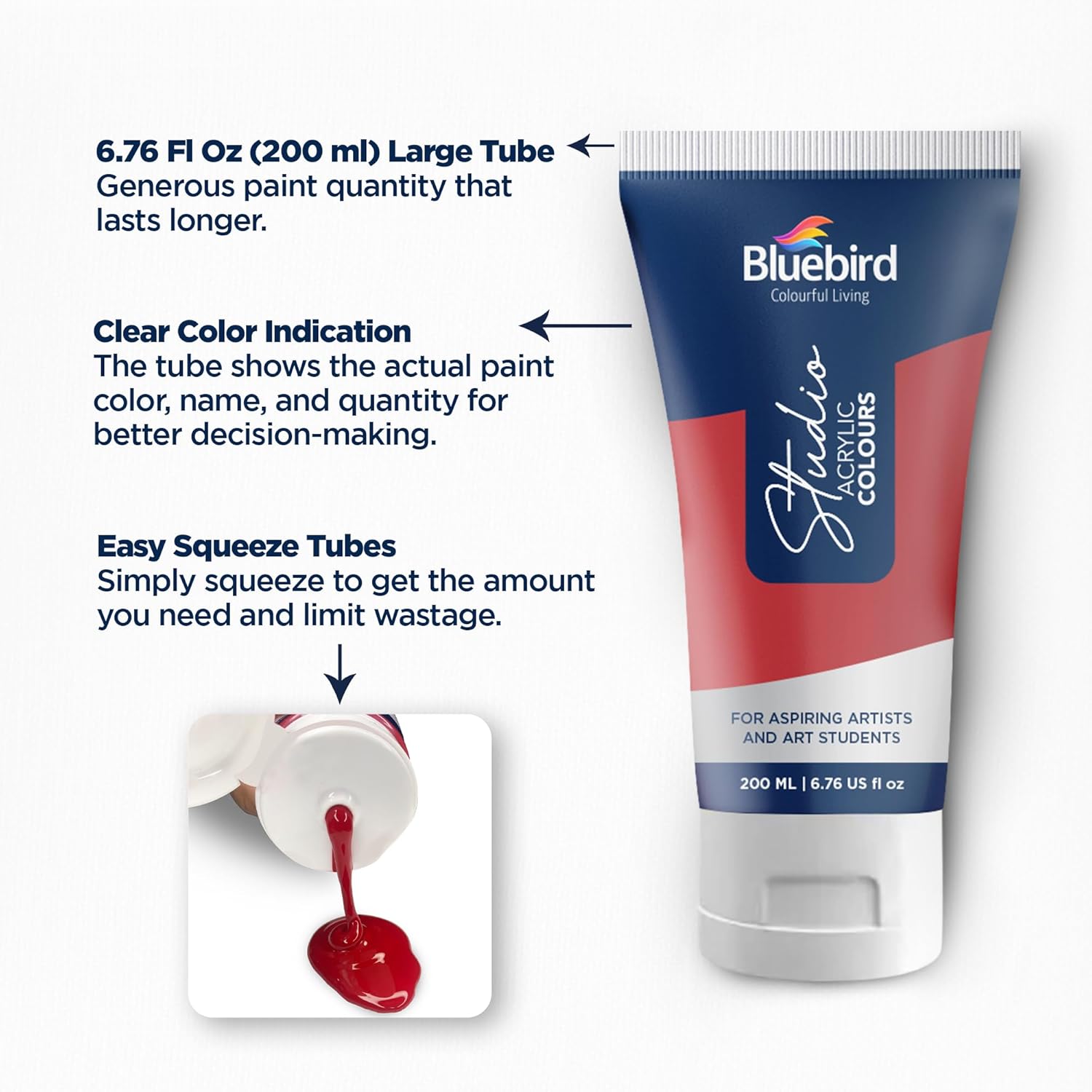 BLUEBIRD Studio Acrylic Paint Tube - White 6.42 Fl Oz / 190ML - For DIY Crafts, Ideal for Canvas, Wood, Clay, Ceramic & More, Non Toxic, Rich Pigments