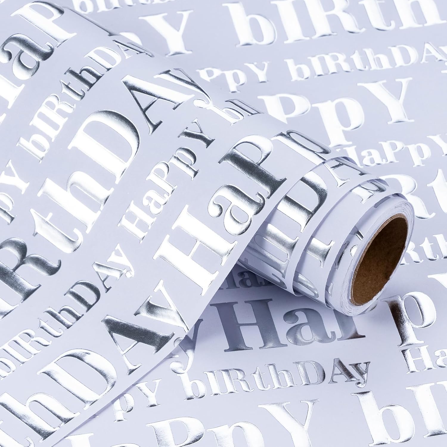 3D Kraft Birthday Wrapping Paper Roll - Mini Roll - 17 Inch X 16.5 Feet - Silver And White Happy Birthday Lettering Design With Embossed Perfect For Holiday, Party Celebration