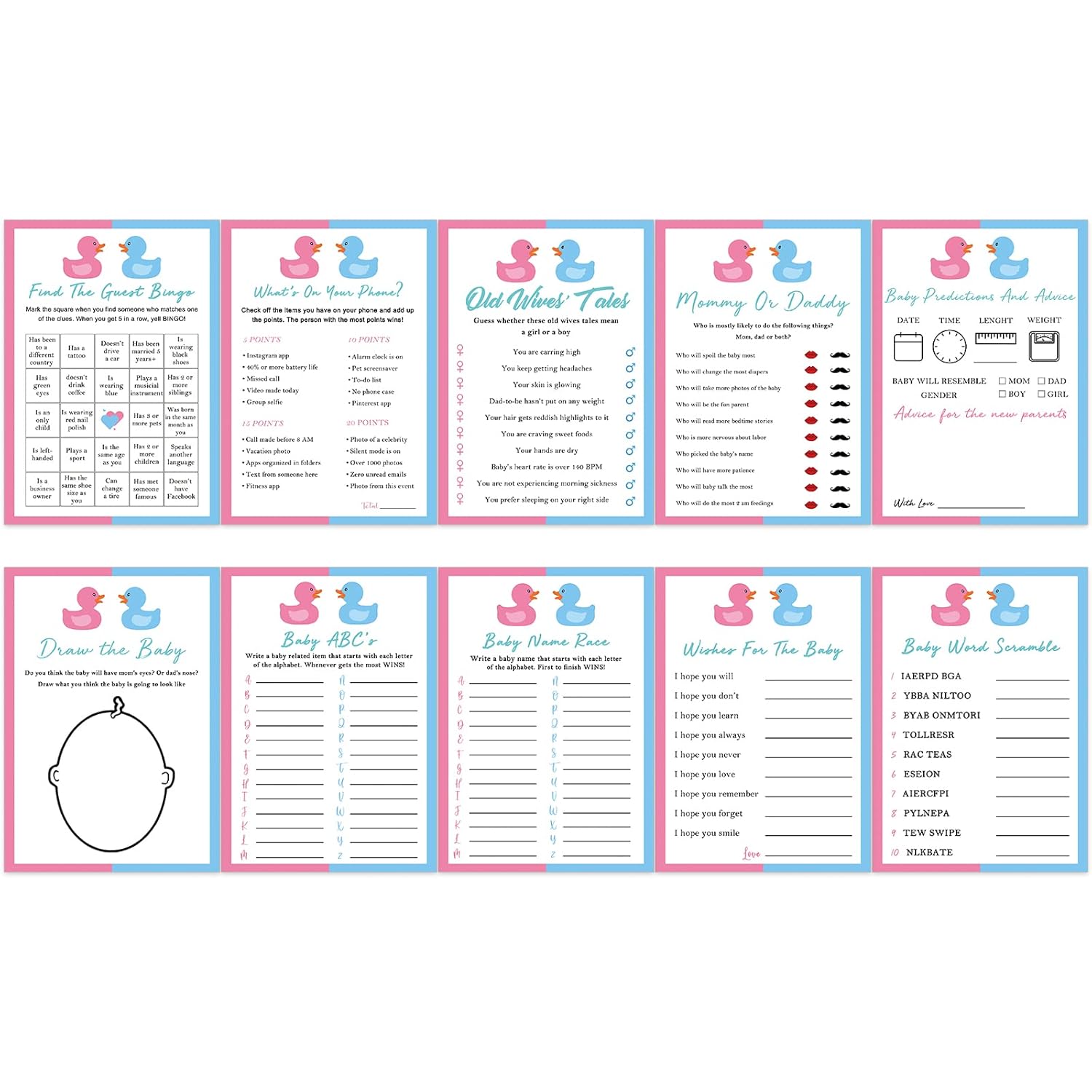 Waddle It Be Gender Reveal Games, 10 Activities, Duck Gender Reveal Game Bundle For 20 Guests, What The Duck Gender Reveal Games, Boy Or Girl Party Supplies