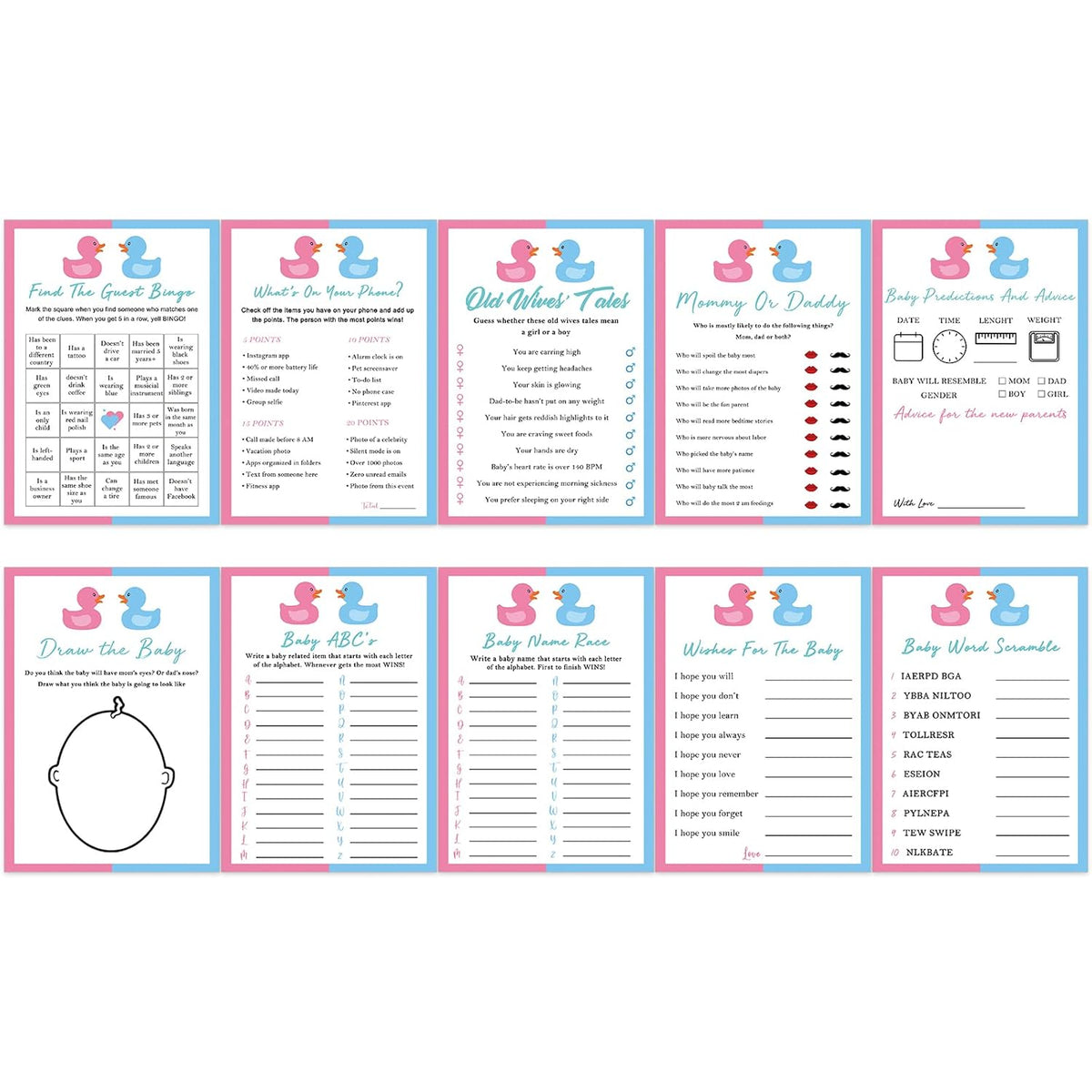 Waddle It Be Gender Reveal Games, 10 Activities, Duck Gender Reveal Game Bundle For 20 Guests, What The Duck Gender Reveal Games, Boy Or Girl Party Supplies