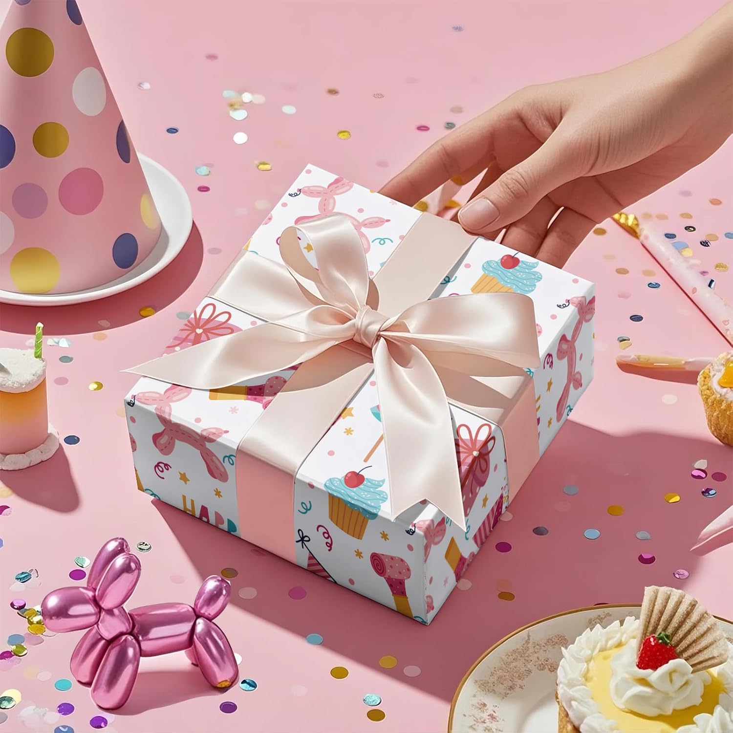 Birthday Wrapping Paper Roll For Girls, Mini Roll, Pink Balloon Dog, Gift Box And Party Hat Design Gift Wrap With Happy Birthday Text For Kids' Party Celebrations, 17 Inches X 16.4 Feet