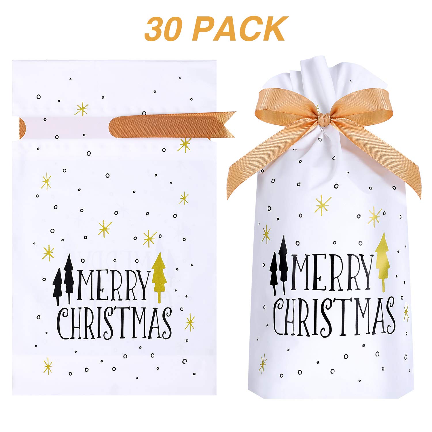 30 Pack Treat Bags With Drawstring, Merry Christmas Tree Print Plastic Candy Bags Drawstring Cookie Sack For Christmas Wedding Party Birthday Engagement Holiday Favor