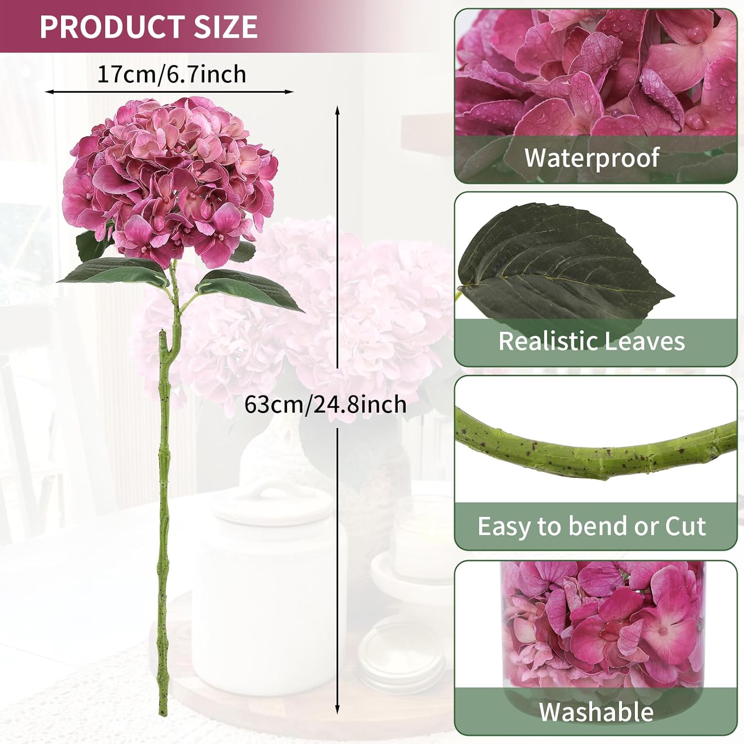 3Pcs Large Hydrangea Artificial Flowers 24.8" Real Touch Faux Hydrangea Uv&Waterproof Latex Fake Flowers With Bendable Stems &Leaves For Wedding Bouquet Centerpieces Home Party Decor(Magenta)