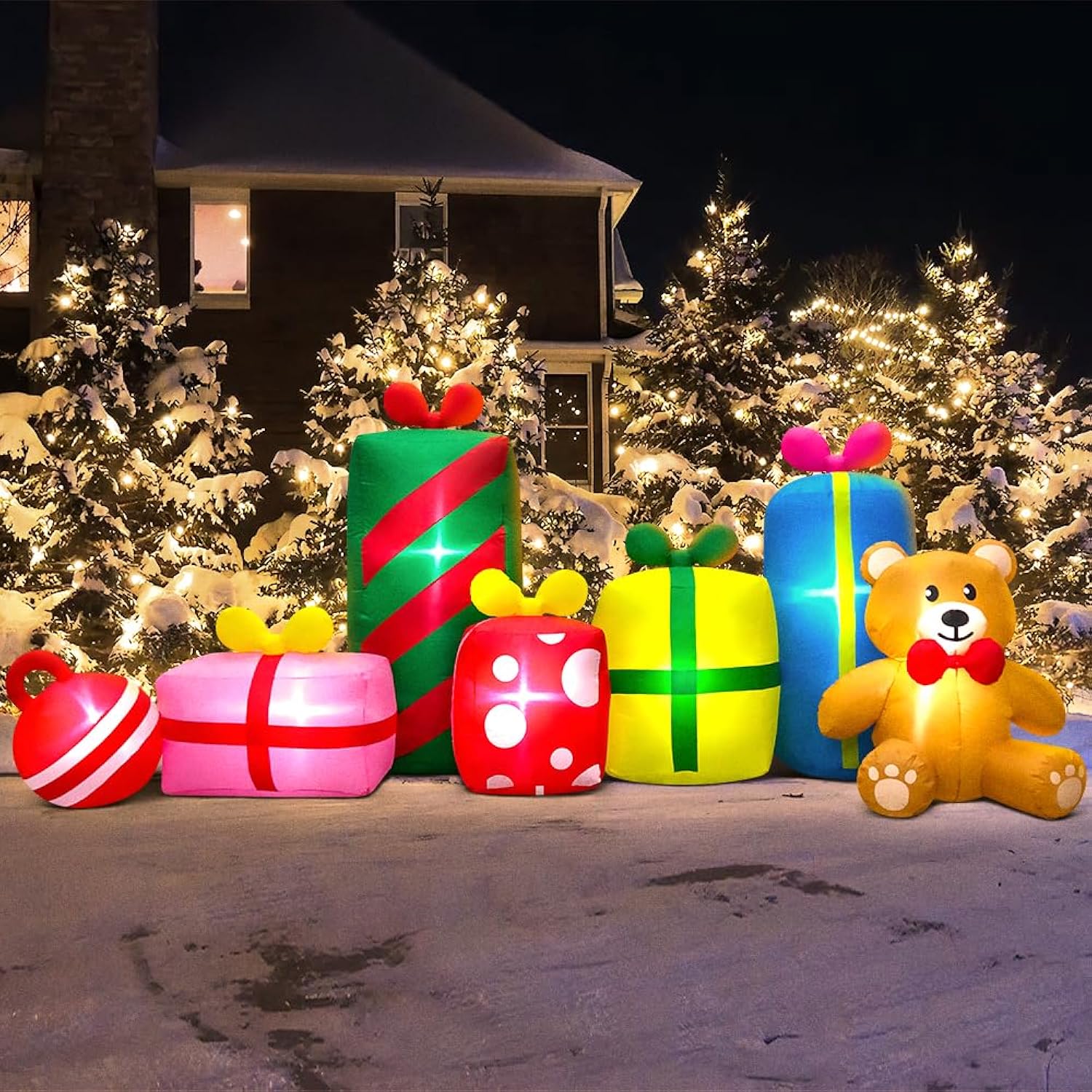 10Ft Giant Christmas Inflatables Outdoor Decorations Gift Boxes And Bear,Blow Up Yard Decorations With Led Light For Xma