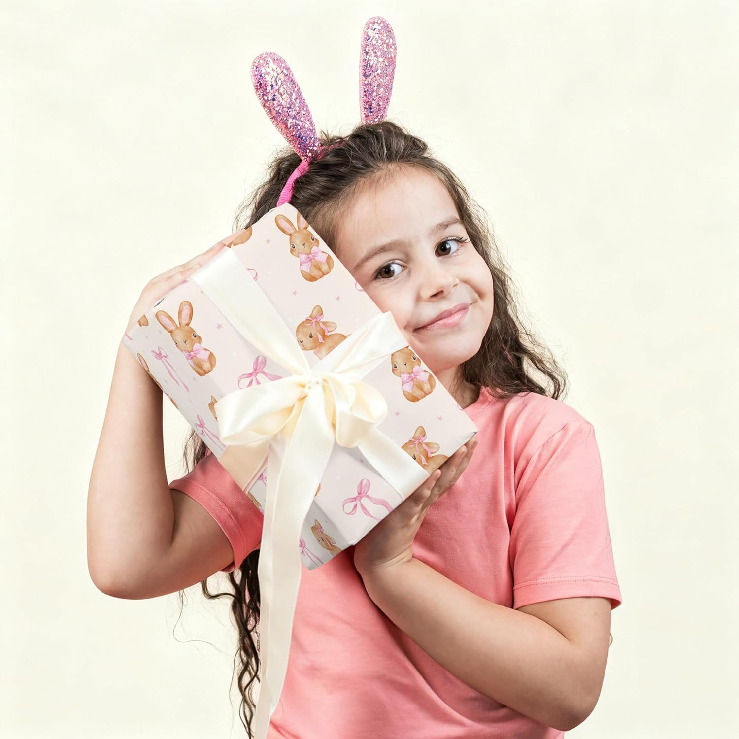 Bunny Wrapping Paper - 4 Jumbo Sheets, 28 * 40 Inches - Pink Bow Gift Wrap, Perfect For Christmas Birthday Baby Shower Easter Wedding Spring