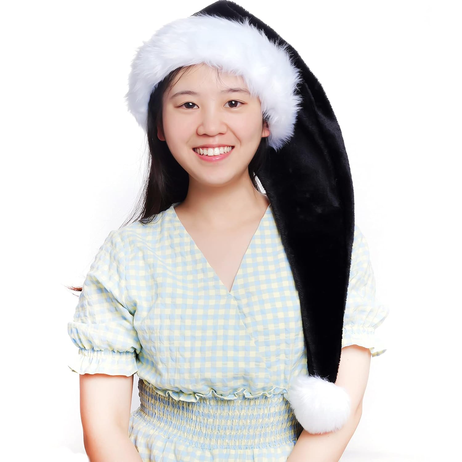 2 Packs Fluffy Santa Hats, 29.5 Inch Black Santa Hats Unisex Adult Velvet Hats For Christmas New Year Festival Party Decorations, Black