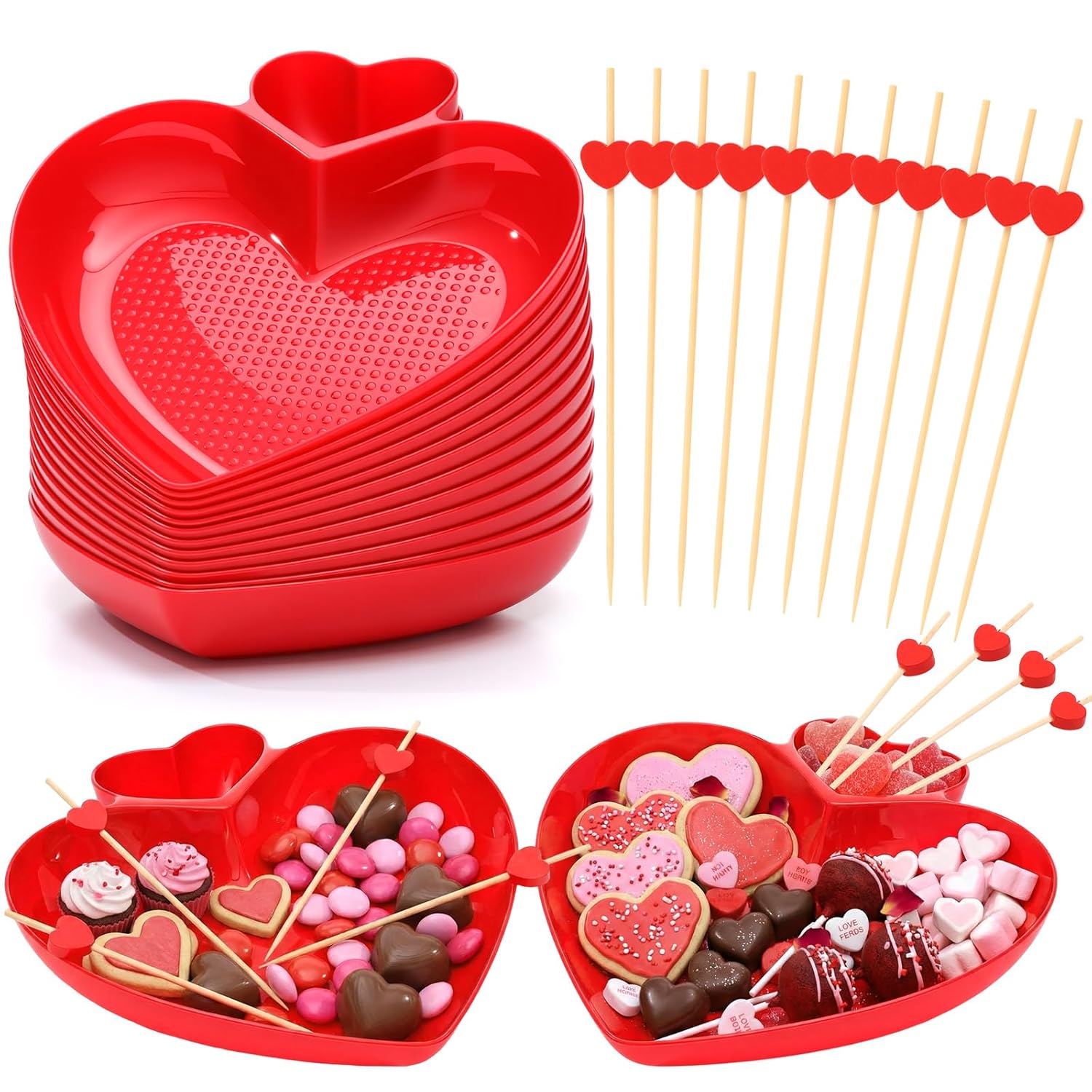 12 Pack Valentine'S Day Heart Shaped Bowls Bulk 8.3 Inch Red Plastic Bowls And 12 Cocktail Picks Heart Shaped Dessert Dishes Salad Plates For Dinner Valentine Party Supplies Table Decoration