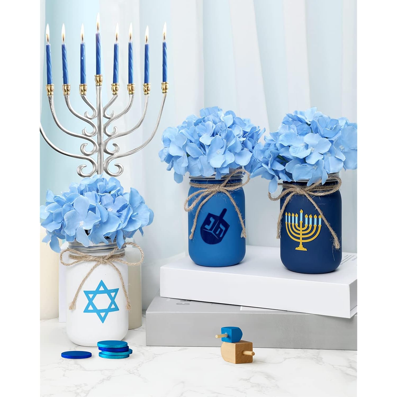 Hanukkah Mason Jar Floral Arrangement Table Centerpiece Hanukkah Home Decor Hanukkah Tiered Tray Decor With Faux Plants Artificial Blue Flowers Set Of 3