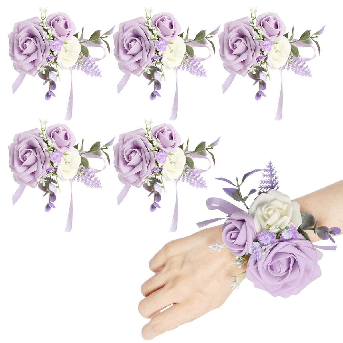 Purple Corsage For Wedding Bridesmaid Mother Grandmother, Set Of 6 Prom Artificial Flower Corsage Wristlet Wristband For Women Girls Hand Flowers For Homecoming Ceremony Anniversary Suit