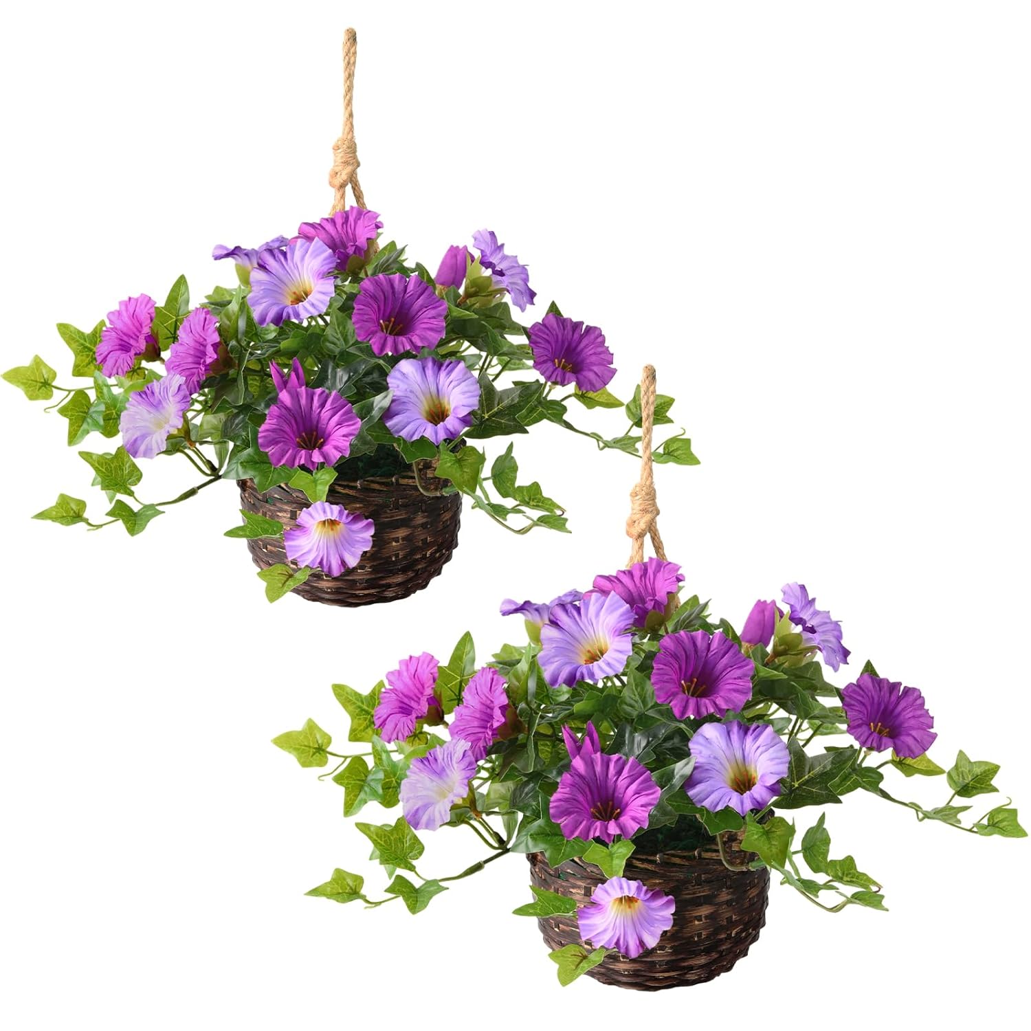 2 Set Artificial Outdoor Flowers With Hanging Basket, 2 Hanging Planters Faux Silk Morning Glory Flowers For Spring Summer Front Porch Garden Patio Home Decor(Light Purple Red)