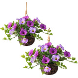 2 Set Artificial Outdoor Flowers With Hanging Basket, 2 Hanging Planters Faux Silk Morning Glory Flowers For Spring Summer Front Porch Garden Patio Home Decor(Light Purple Red)