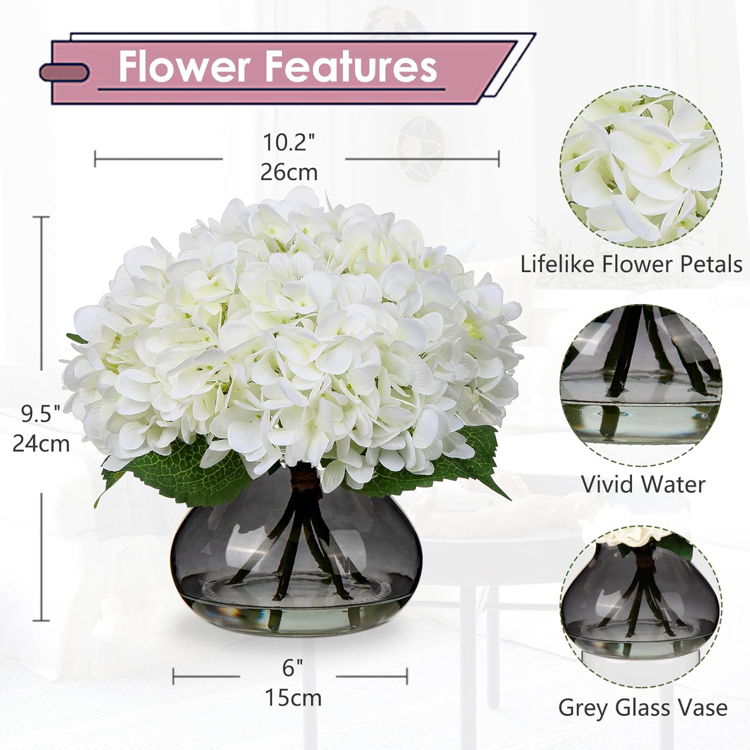 Hydrangea Artificial Flowers With Glass Vase White Silk Faux Flowers Arrangements With Faux Water Fake Floral Bulk Bouquet For Home Decor Table Centerpiece Decorations