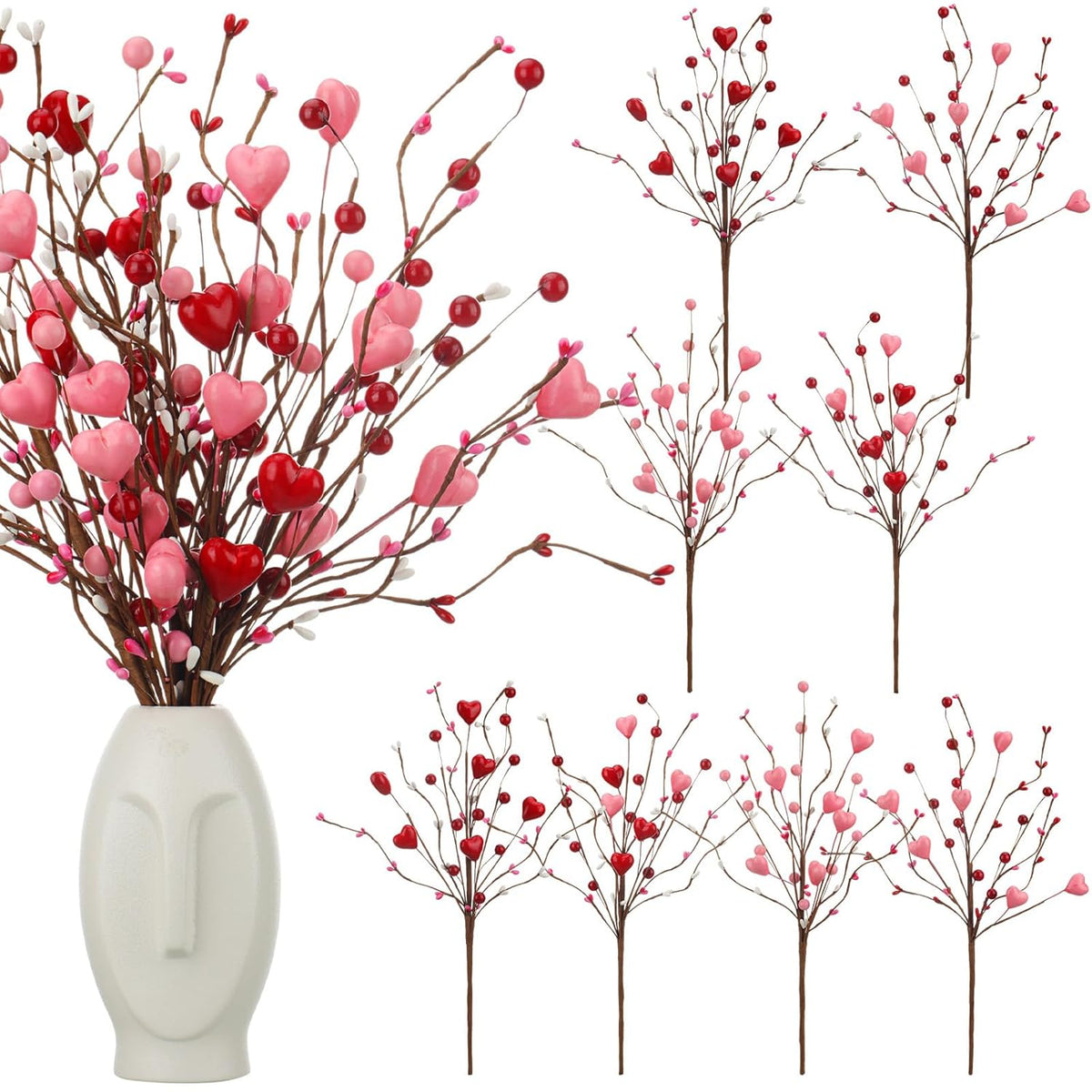 12 Pcs Valentine Floral Picks Pink Artificial Berry Stems Heart Shaped Branch Heart Sprays Picks Flowers For Valentine Mother'S Day Christmas, Wedding, Propose Home Decor