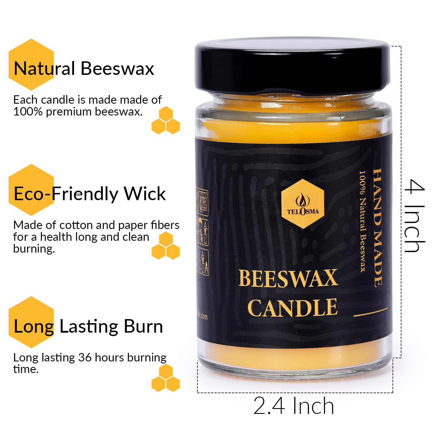 Beeswax Jar Candle In Glass Container, Natural Organic Candle Smokeless Clean Burn | 36 Hours Burning Time, Yellow