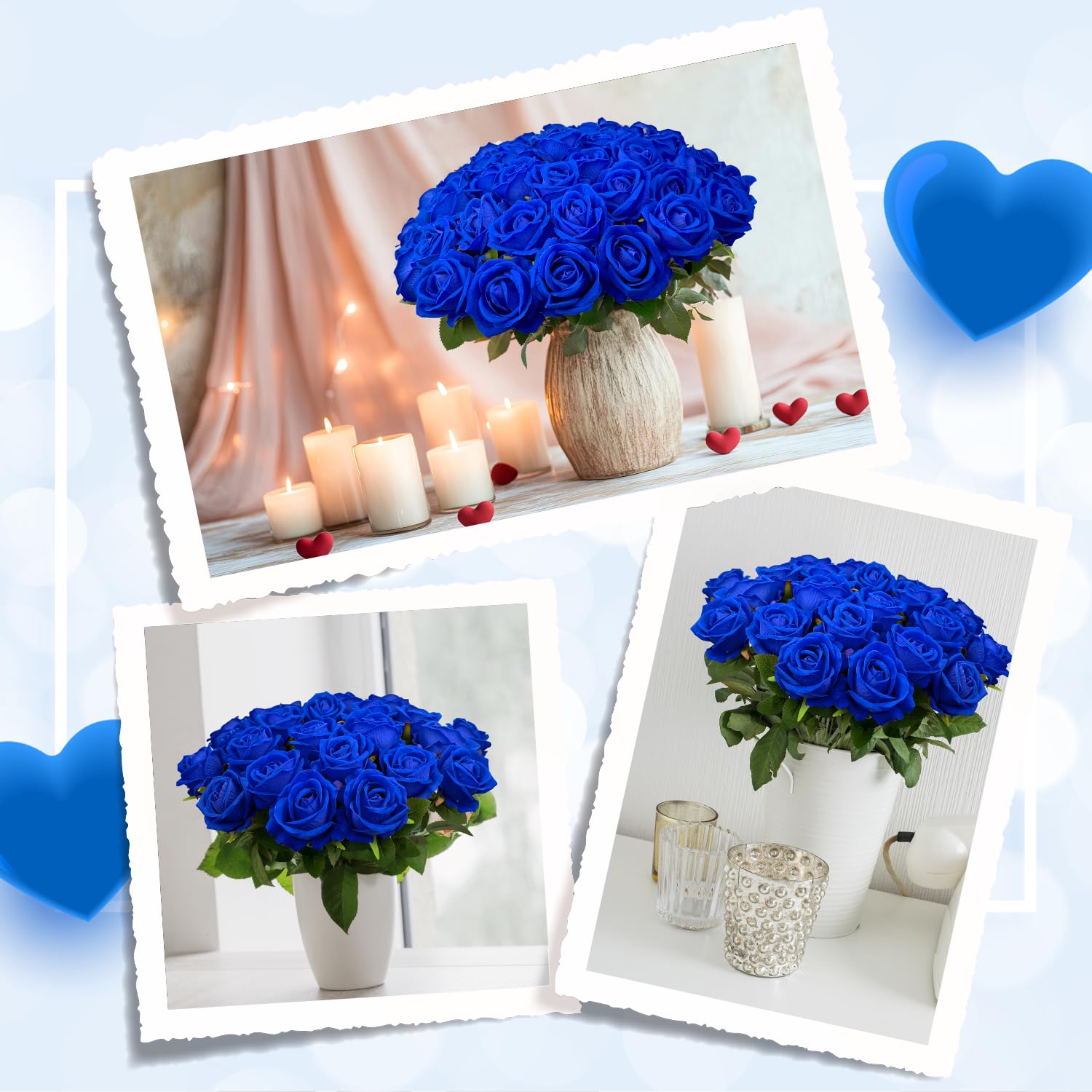 Bulk Artificial Flowers 50 Pcs, Fake Velvet Silk Blue Roses With Long Stems Realistic Bouquet For Wedding Centerpieces, Faux Arrangement For Valentines Day Home Table Decorations