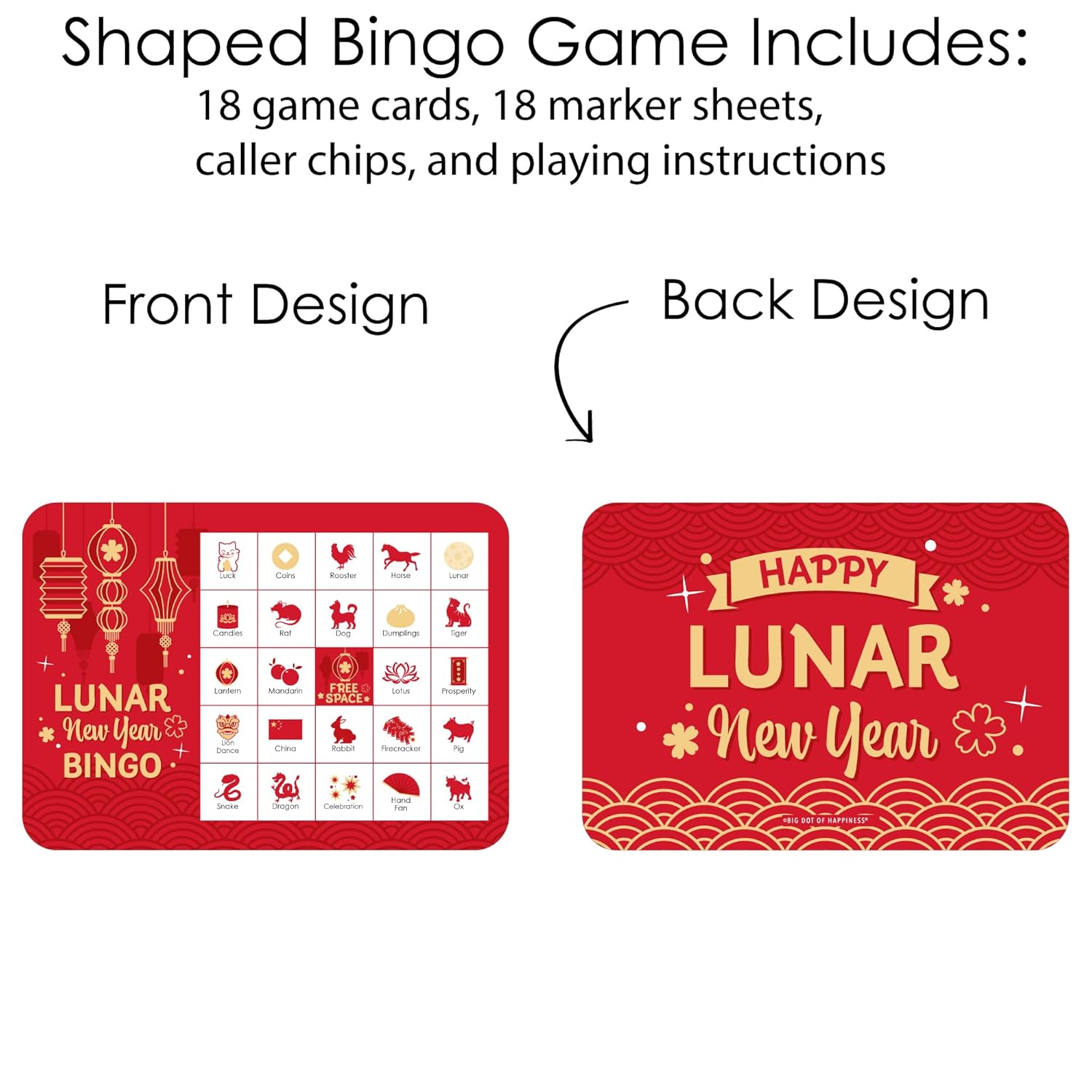 Big Dot of Happiness Lunar New Year - Picture Bingo Cards and Markers - Bingo Game - Set of 18