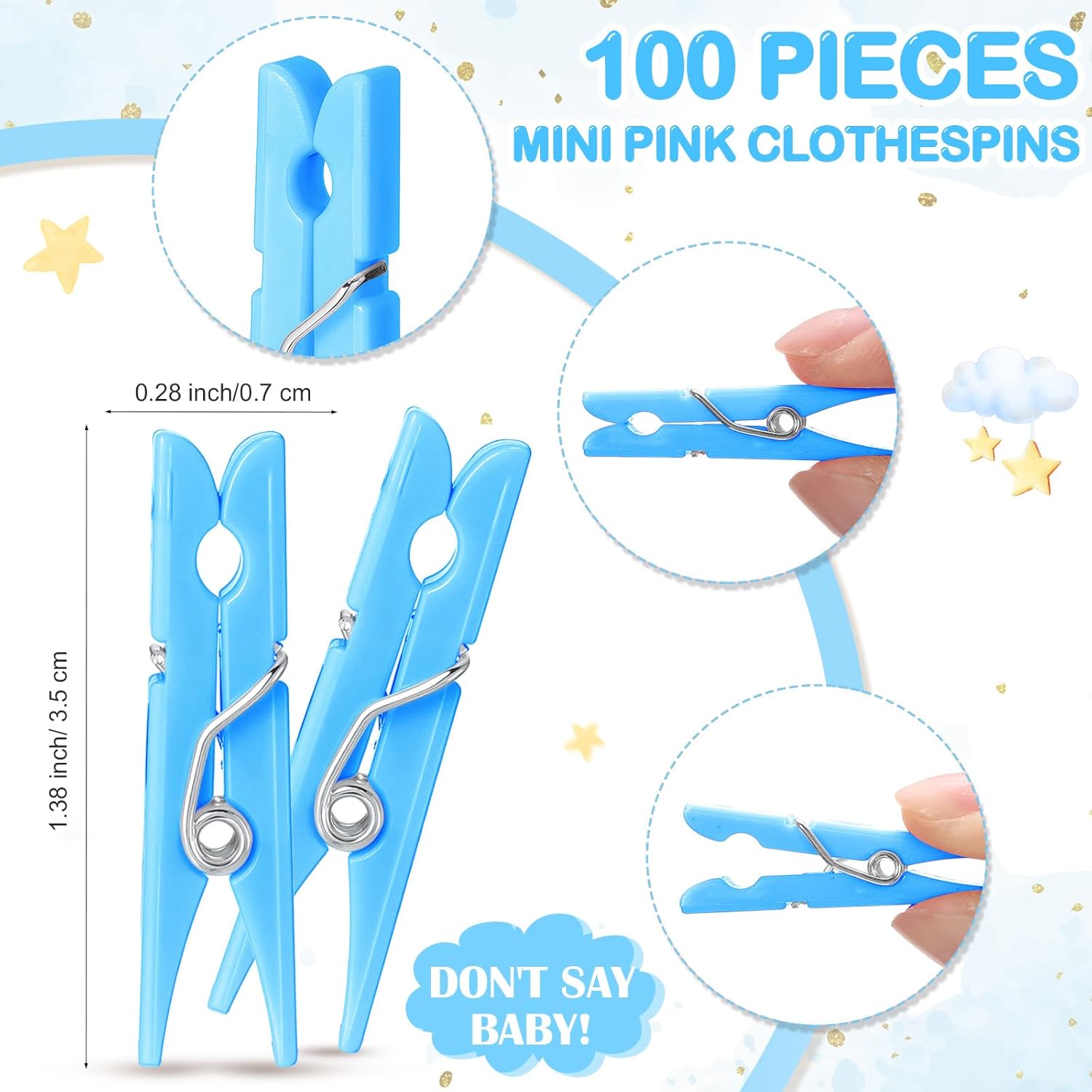 Baby Shower Games 100 Clothespins With 1 Don'T Say Baby Table Sign For Shower Gender Reveal Game Mini Clothespins For Clothes Decorations Diy Crafts(Boho,Blue)
