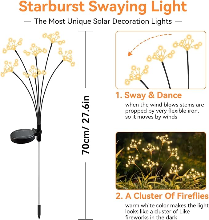 2 Pack Solar Swaying Starburst Lights Warm White Waterproof Firework Garden Lights