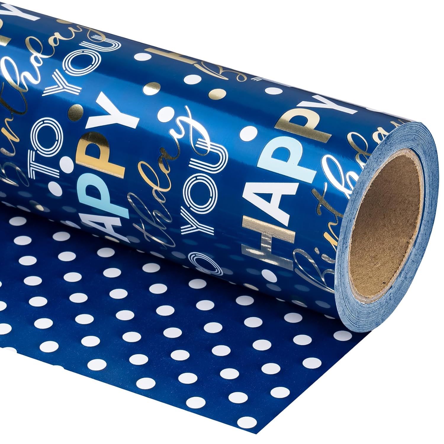 Reversible Birthday Wrapping Paper - Mini Roll - 17 Inch X 9.8 Feet - Blue And Gold Foil Happy Birthday Wrapping Paper For Boys, Men, Kids, Baby Shower