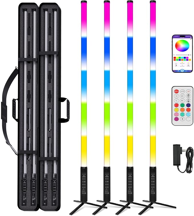 4 Pack Professional 5FT RGB DJ Tube Light Bars with Stands Case App Control Waterproof Party Lights