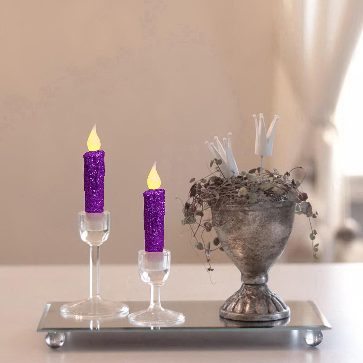 Glitter Flameless Candles Flickering Battery Operated Led Taper Candles With Timer For Home, Wedding, Halloween, Christmas Decor. Purple, 4-3/4 Inch, Set Of 2