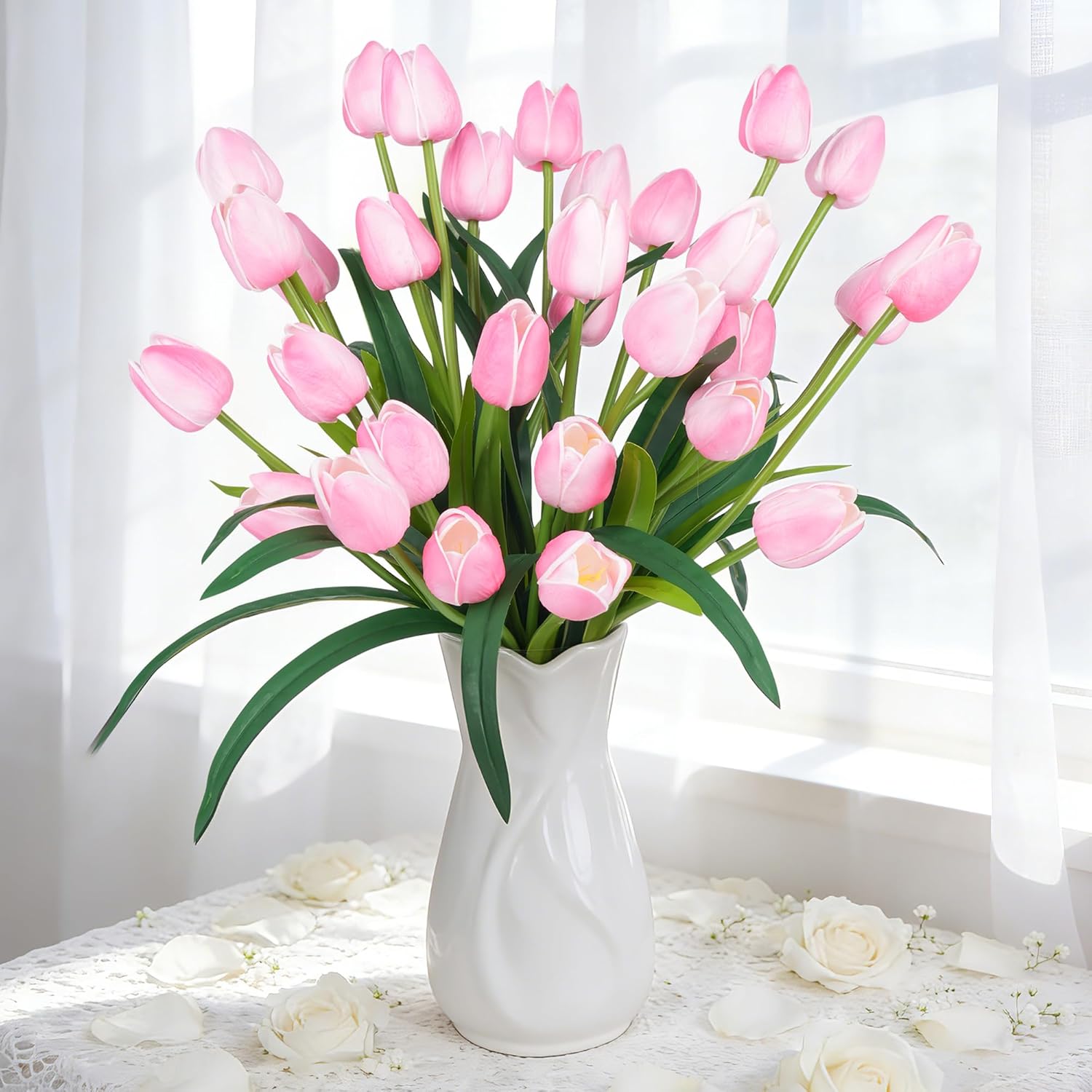 18.9 "Large Pink Simulation Tulip Artificial Flowers, 30-Pack. Perfect For Spring Weddings, Valentine'S Day, Easter, Mother'S Day, And Elegant Home And Table Vase Arrangements.