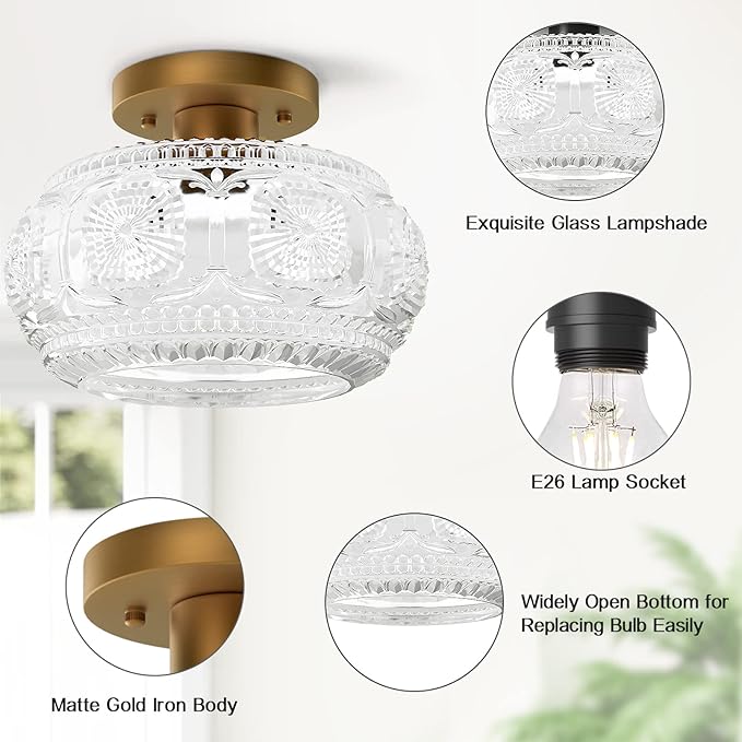 Gold Globe Glass Ceiling Light Modern Semi Flush Mount Fixture for Hallway Bedroom