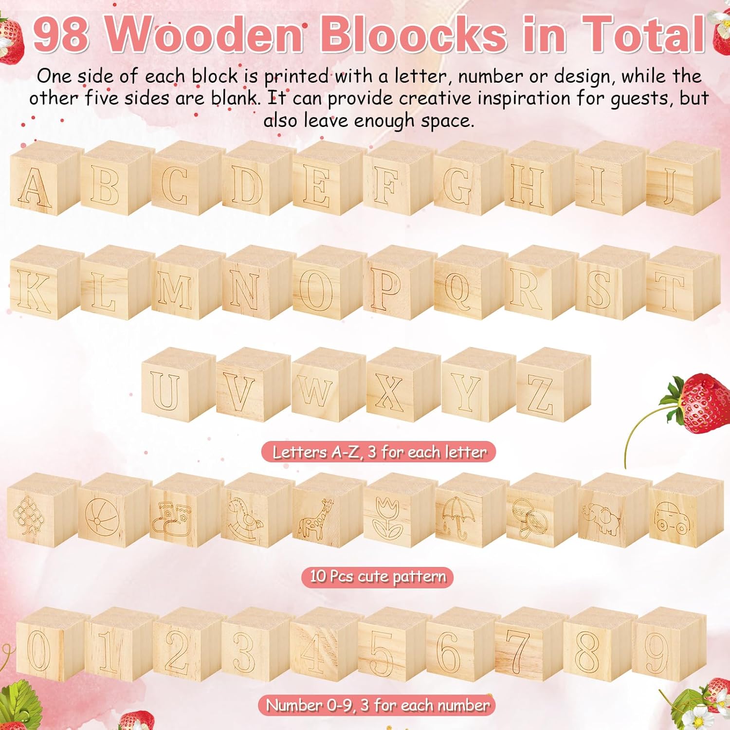 136 Pcs Baby Shower Blocks To Decorate Game Kit Includes 98 Wooden Blocks, 36 Markers, 1 Game Sign, 1 Storage Box For Baby Shower Gender Reveal Activity Party Decorations(Strawberry)