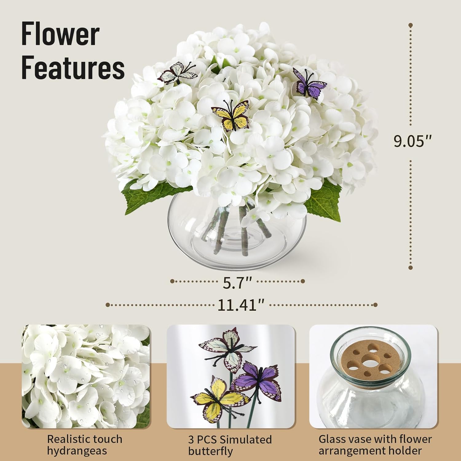 Hydrangea Artificial Flowers With Vase,White Real Touch Hydrangea Flowers With Butterfly,Faux Hydrangea Flowers For Floral Centerpieces For Tables,Home Decor,Wedding Decor,Coffee Table Decor