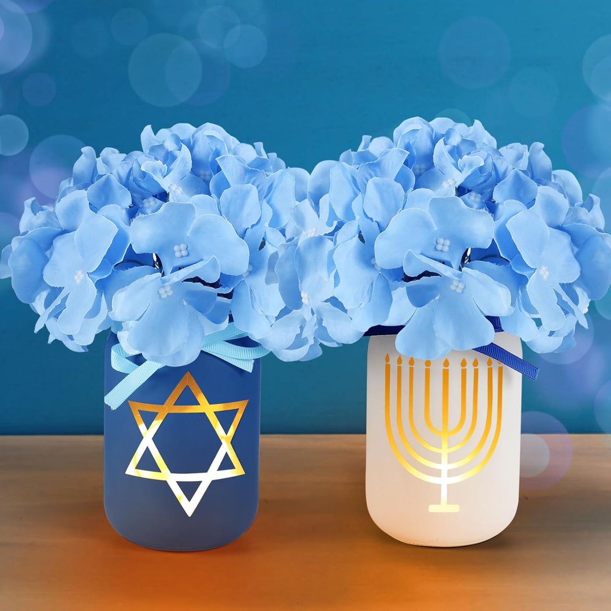 Hanukkah Mason Jars With Blue Flowers & 4 Led Candle Lights - Hanukkah Decorations For Table Centerpiece Home Living Room Bedroom Party Chanukah Gifts, 2 Sets