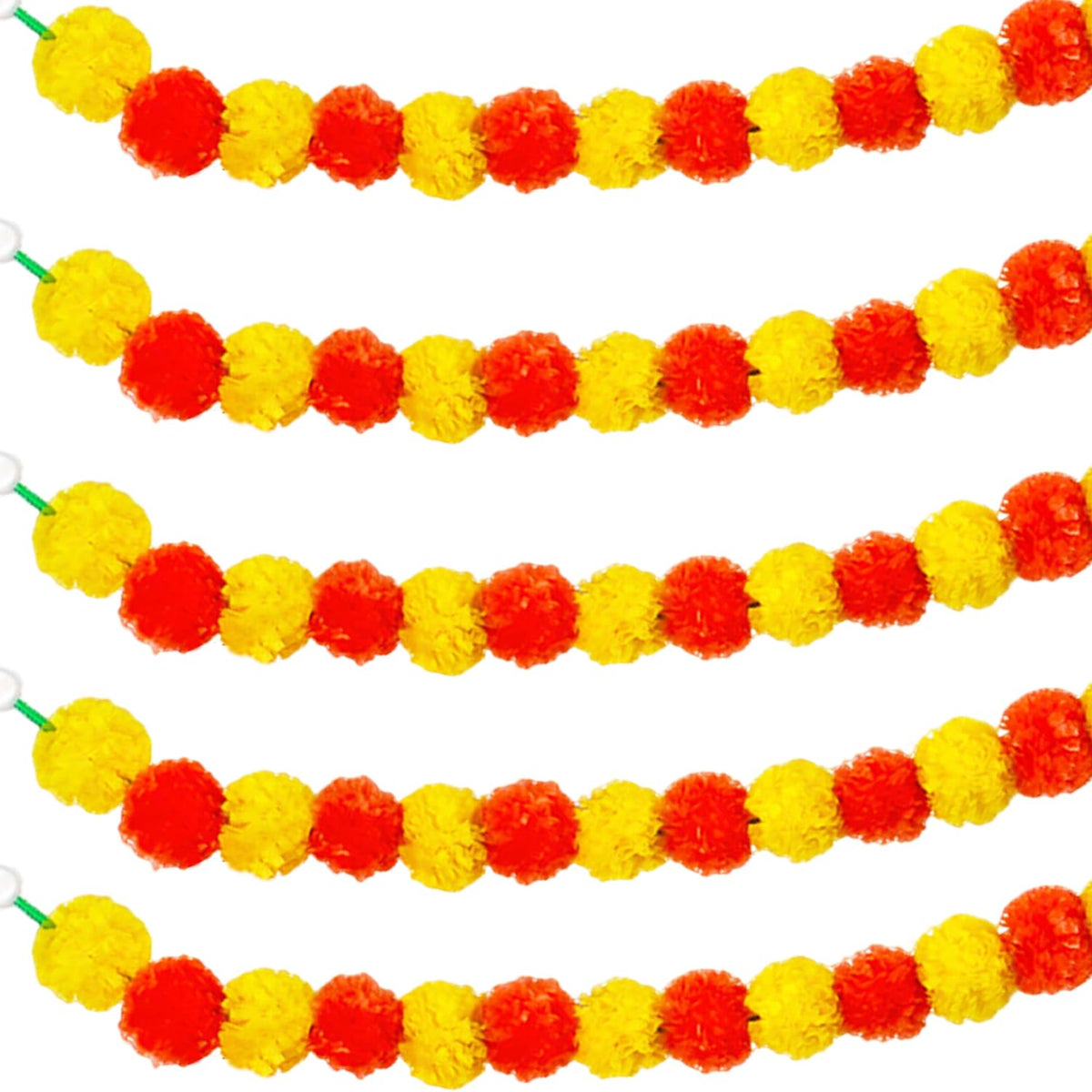 Marigold Garland For Decoration,5 Pcs Of 5-Feet Long Artificial Flower Garlands,Indian Décor For Pooja, Wedding, Halloween, Diwali,(Yellow & Red)