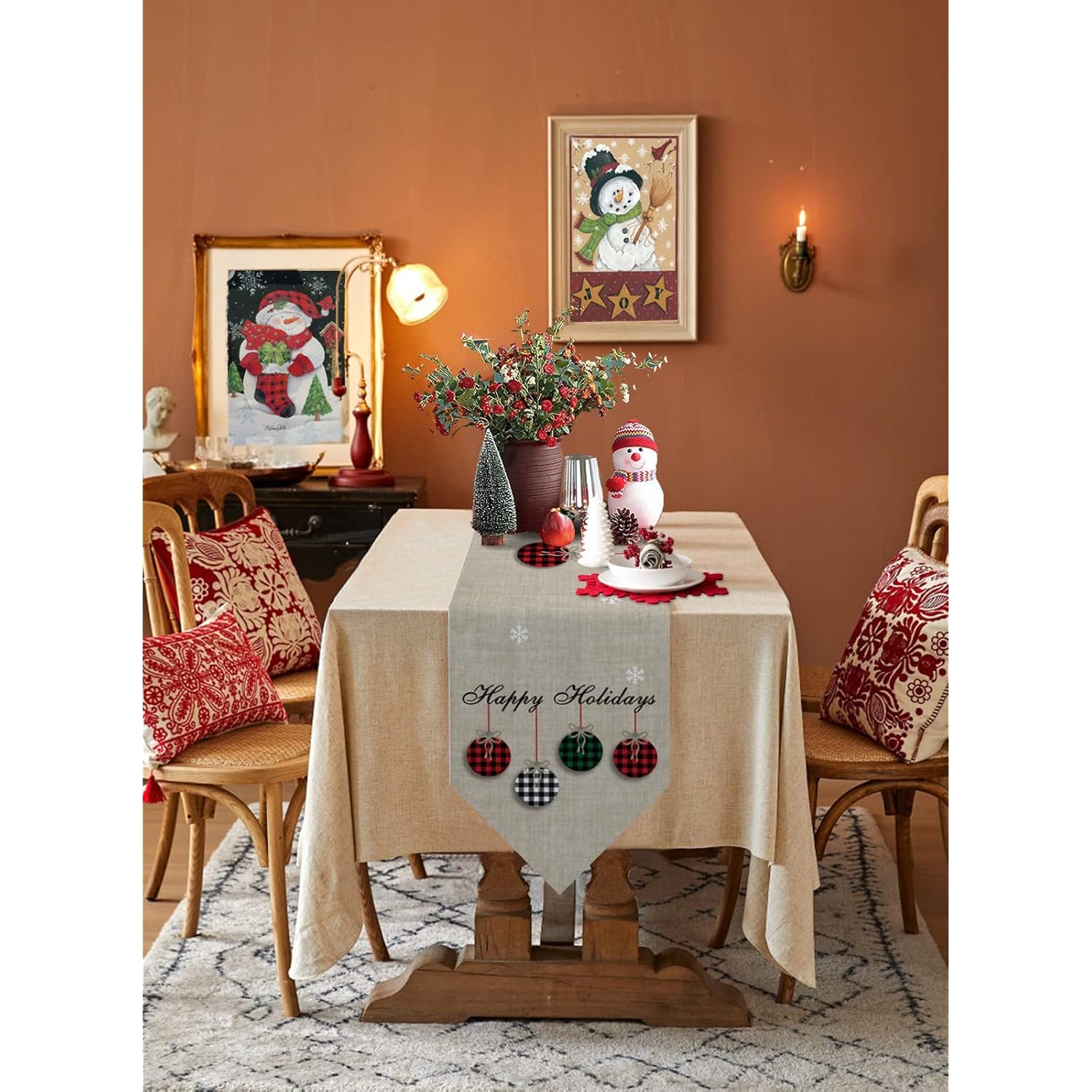 Christmas Theme Table Runners Cotton Linen Farmhouse Rustic Ornaments Plaid Balls Non-Slip Party Decorations Dresser Scarf For Kitchen ,Home ,Dining Table ,Outdoor,13X70 Inches Long Happy Holidays