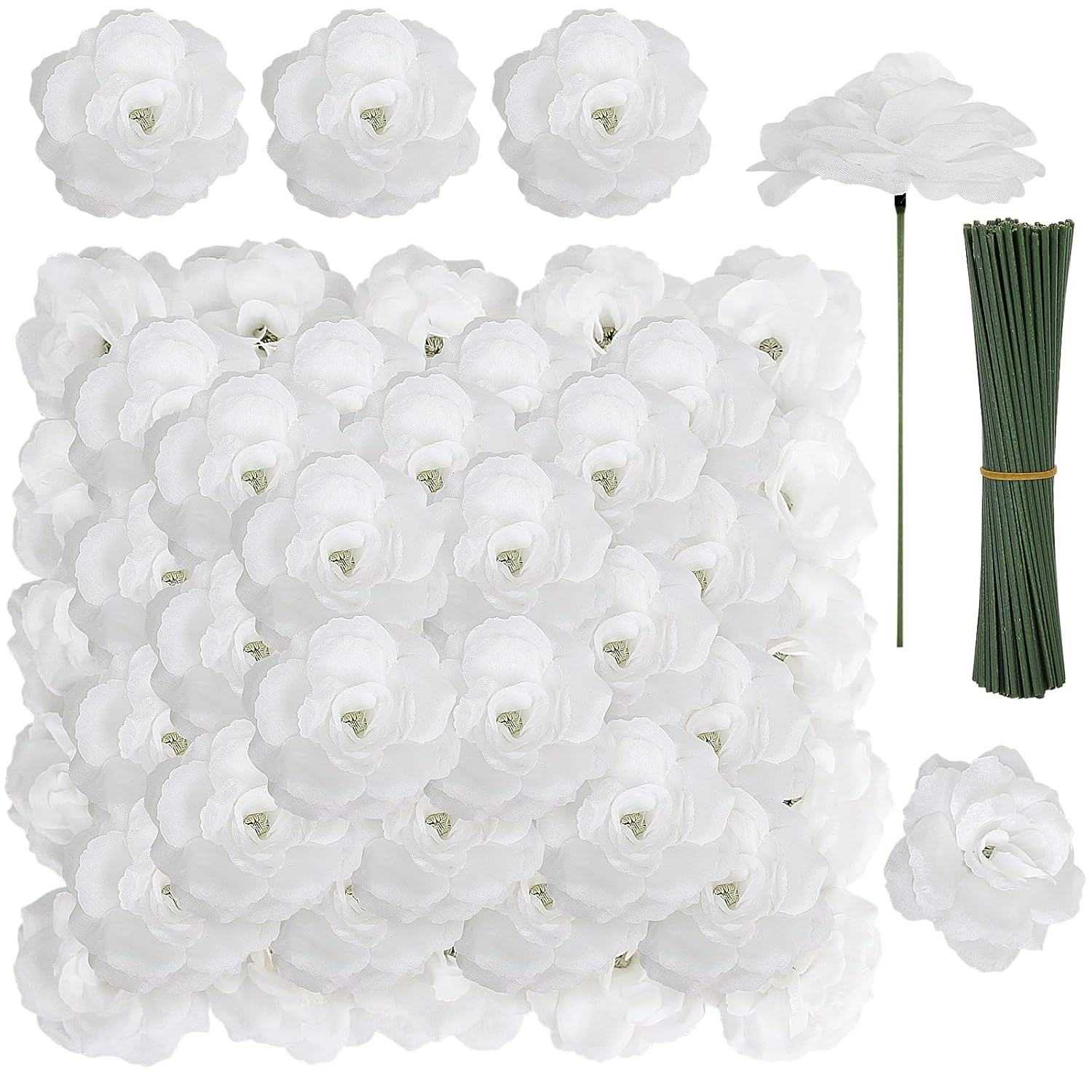 108Pcs White Roses Head Flowers With Stem - Artificial Flowers Rose Bulk - Silk Rose Fake Flower For Wedding Bouquet Party Home Decor Diy Baby Shower Centerpieces Tables Decoration