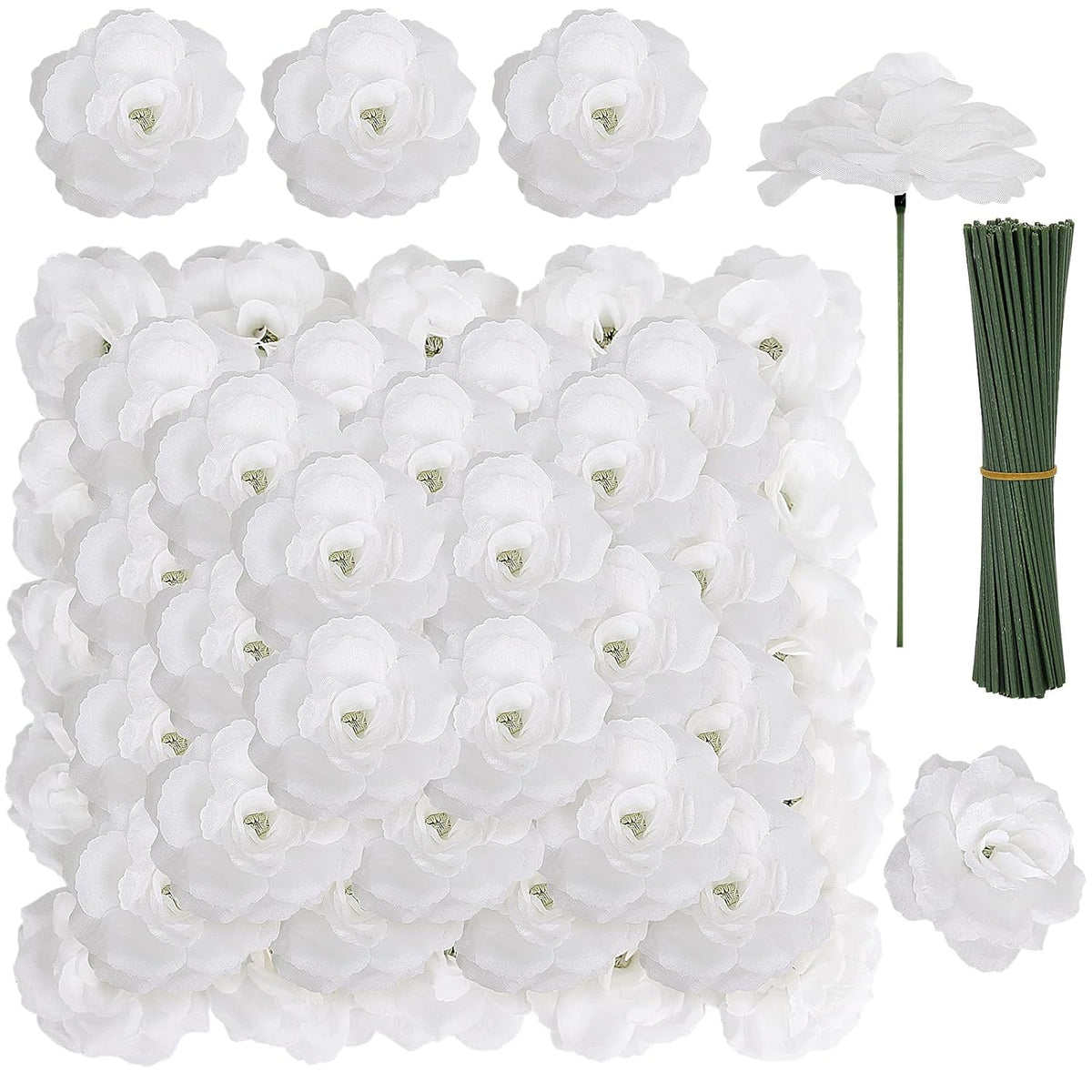 108Pcs White Roses Head Flowers With Stem - Artificial Flowers Rose Bulk - Silk Rose Fake Flower For Wedding Bouquet Party Home Decor Diy Baby Shower Centerpieces Tables Decoration
