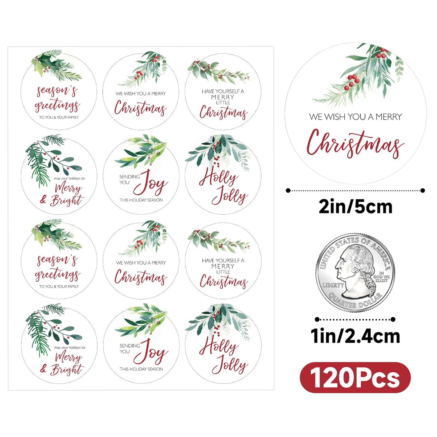 Merry Christmas Gift Stickers - 120Pcs 2Inch Merry And Bright Stickers Watercolor Happy Holidays Envelope Seal Label Sticker Self Adhesive Xmas Gift Sticker Holly Jolly Label For Card Present