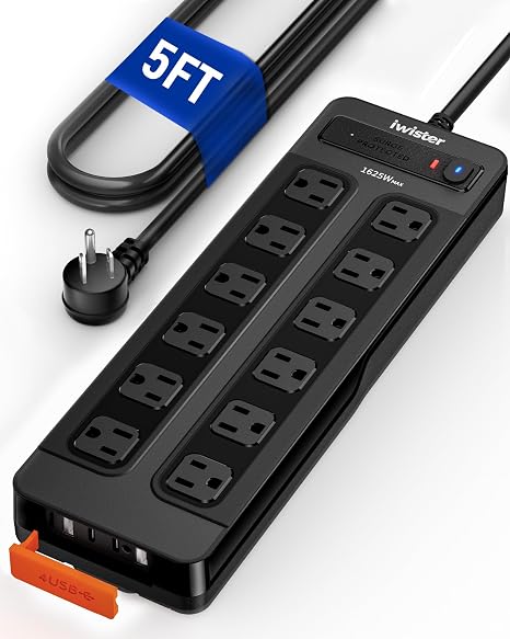 Weatherproof Surge Protector Power Strip with 12 Outlets and 4 USB Ports for Home and Office