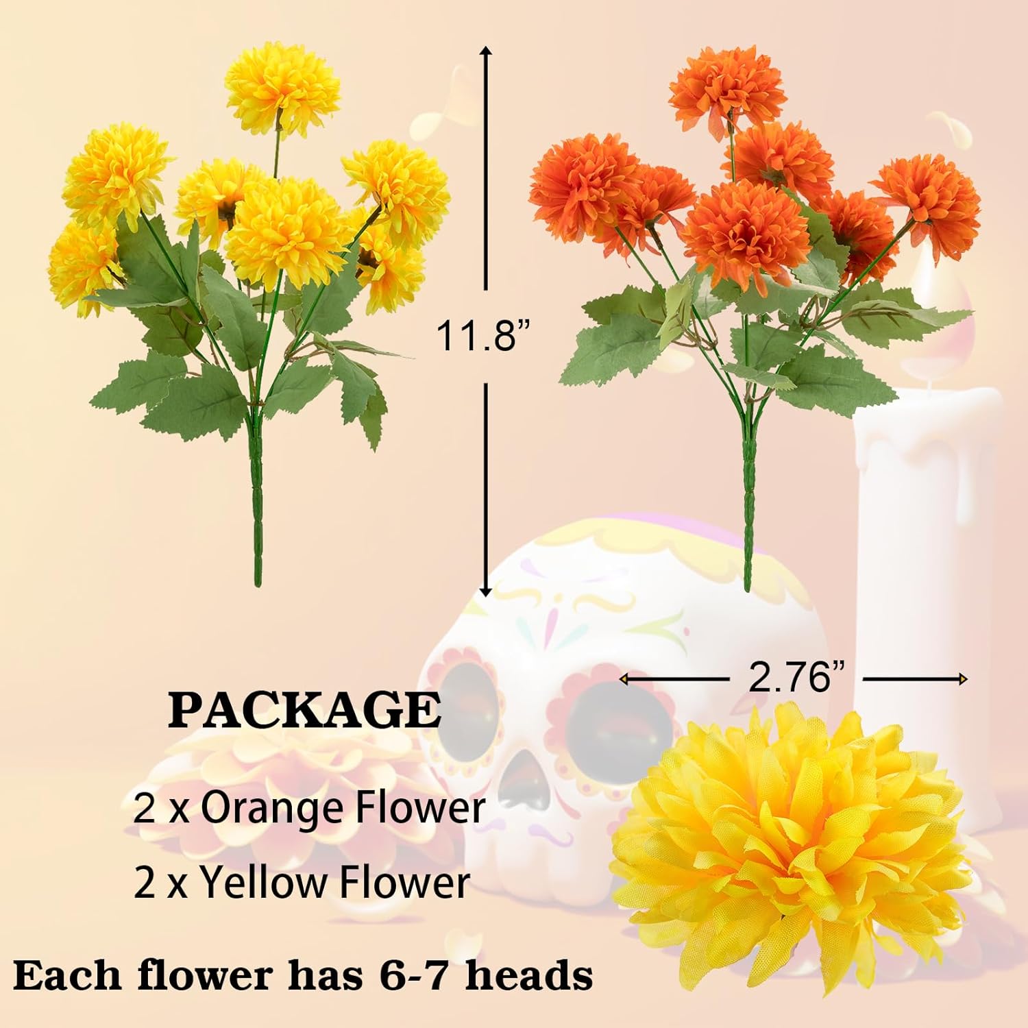 Artificial Marigold Flowers, 4 Pack 12 Inch Silk Marigold Flower Heads Bouquet For Day Of The Dead Decor Halloween Decoration Dia De Los Muertos Home Decoration, Orange & Yellow
