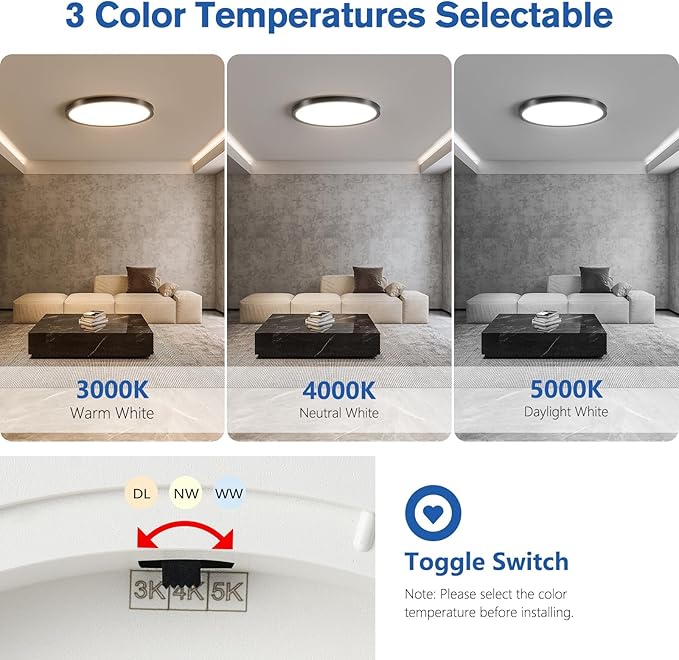 6 Pack 12 Inch Dimmable LED Flush Mount Ceiling Lights 24W 2640LM Black