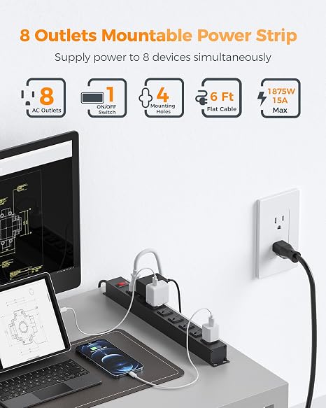 8 Outlet Metal Power Strip Surge Protector with 6 ft Cord and 1200 Joules