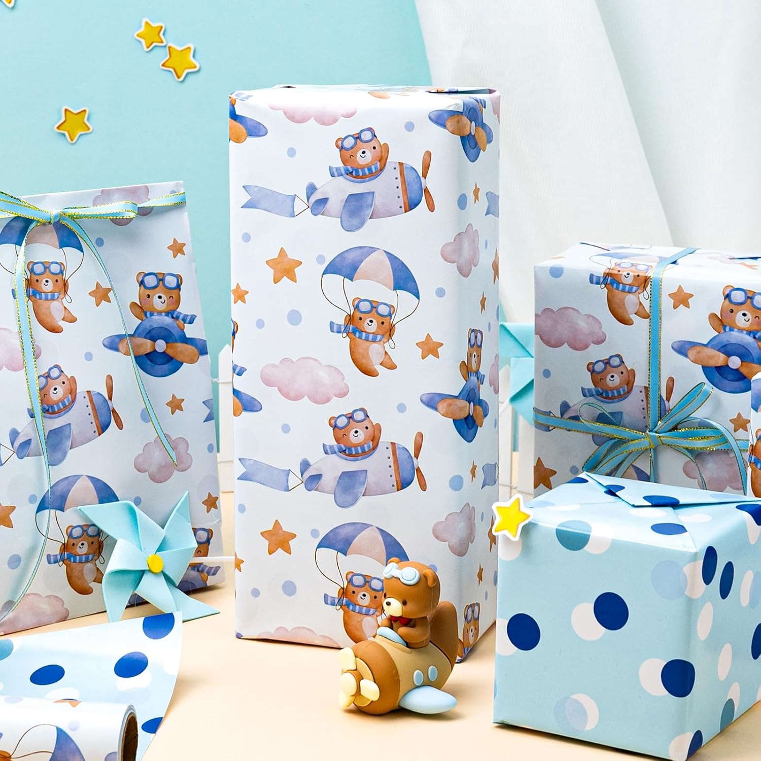 Baby Boy Wrapping Paper Roll - Adorable Blue Pilot Bear Design, Reversible Gift Wrap For Boy Birthday, Boys Baby Shower, Gender Reveal - Stars, Dots, Airplane And Parachute - 17 Inch X 33 Feet