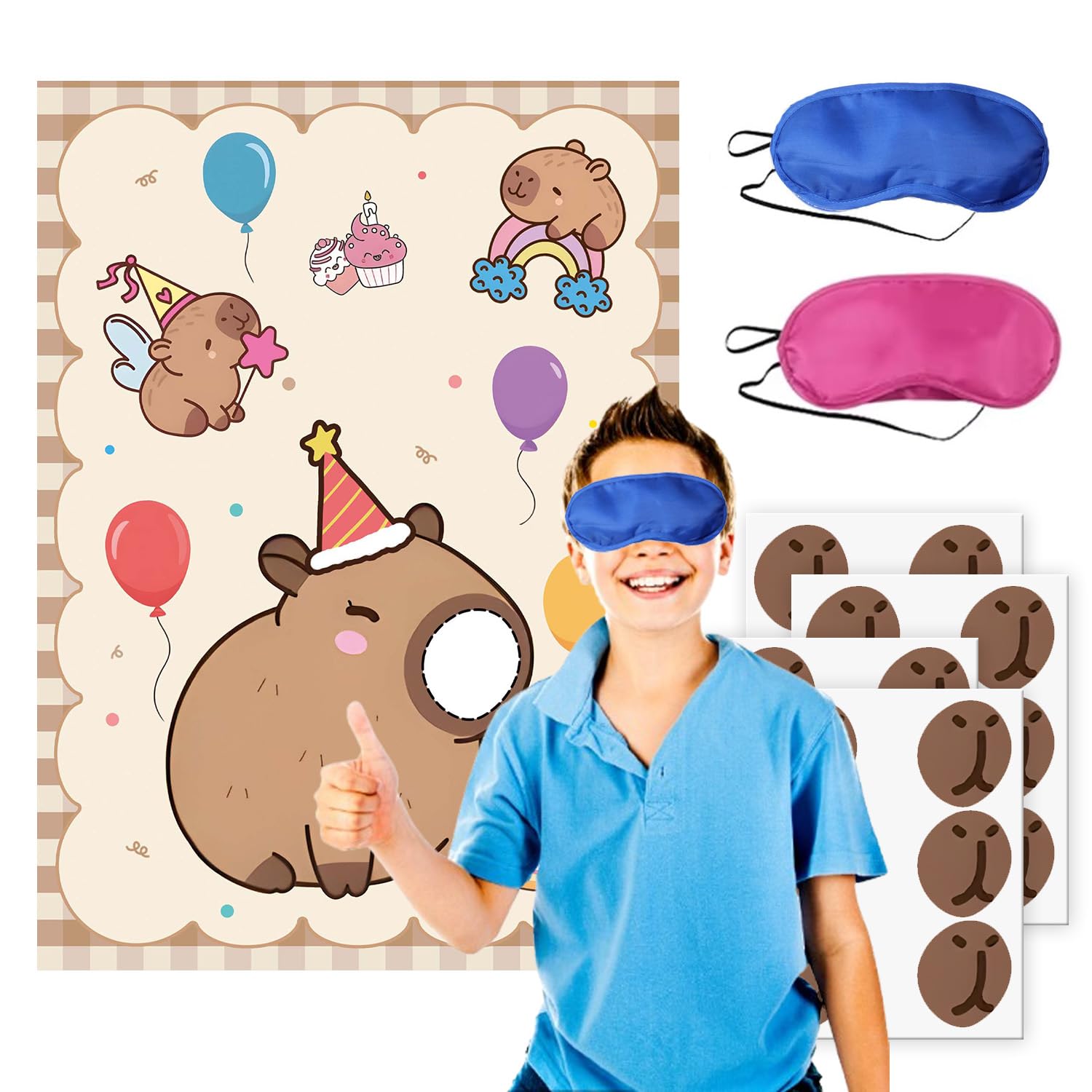 Capybara Birthday Party Decoration, Stickers At Party Guinea Pig Games,Pin The Nose Game With Eye Masks And Stickers,Large Poster And 24 Capybara Themed Birthday Gift