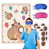 Capybara Birthday Party Decoration, Stickers At Party Guinea Pig Games,Pin The Nose Game With Eye Masks And Stickers,Large Poster And 24 Capybara Themed Birthday Gift