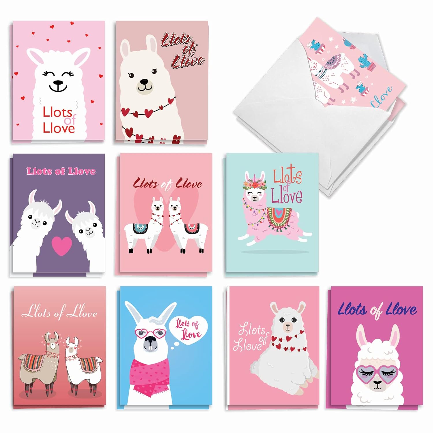 20 Assorted Valentine'S Day Notes Boxed Set 4 X 5.12 Inch With Envelopes (10 Designs, 2 Each) Llove Lllamas Am10411Vdg-B2X10