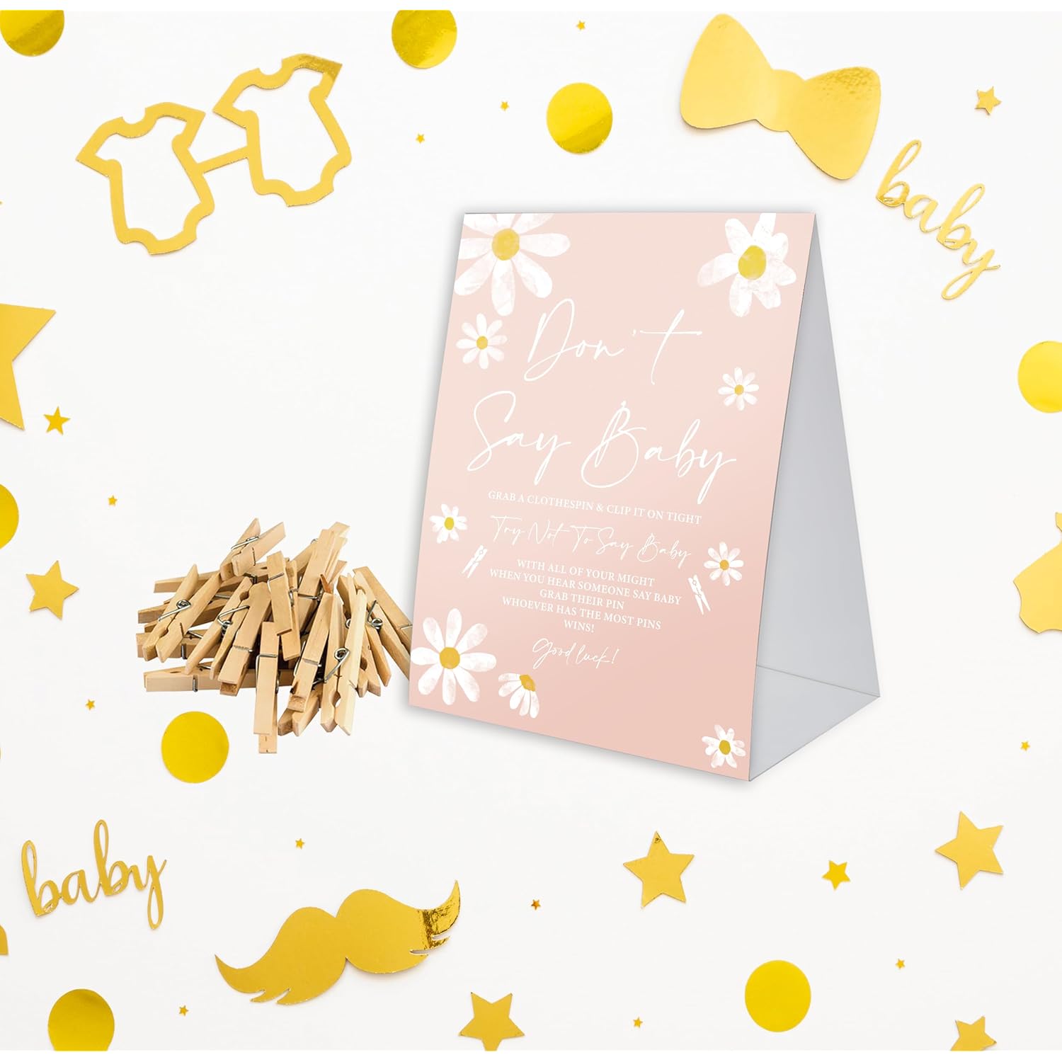 Don'T Say Baby Game For Baby Shower, 50 Wooden Clothespins And One Sign, White Daisy Theme, Pins For Baby Shower Decorations, Gender Reveal Games, Baby Shower Supplies-Bb10