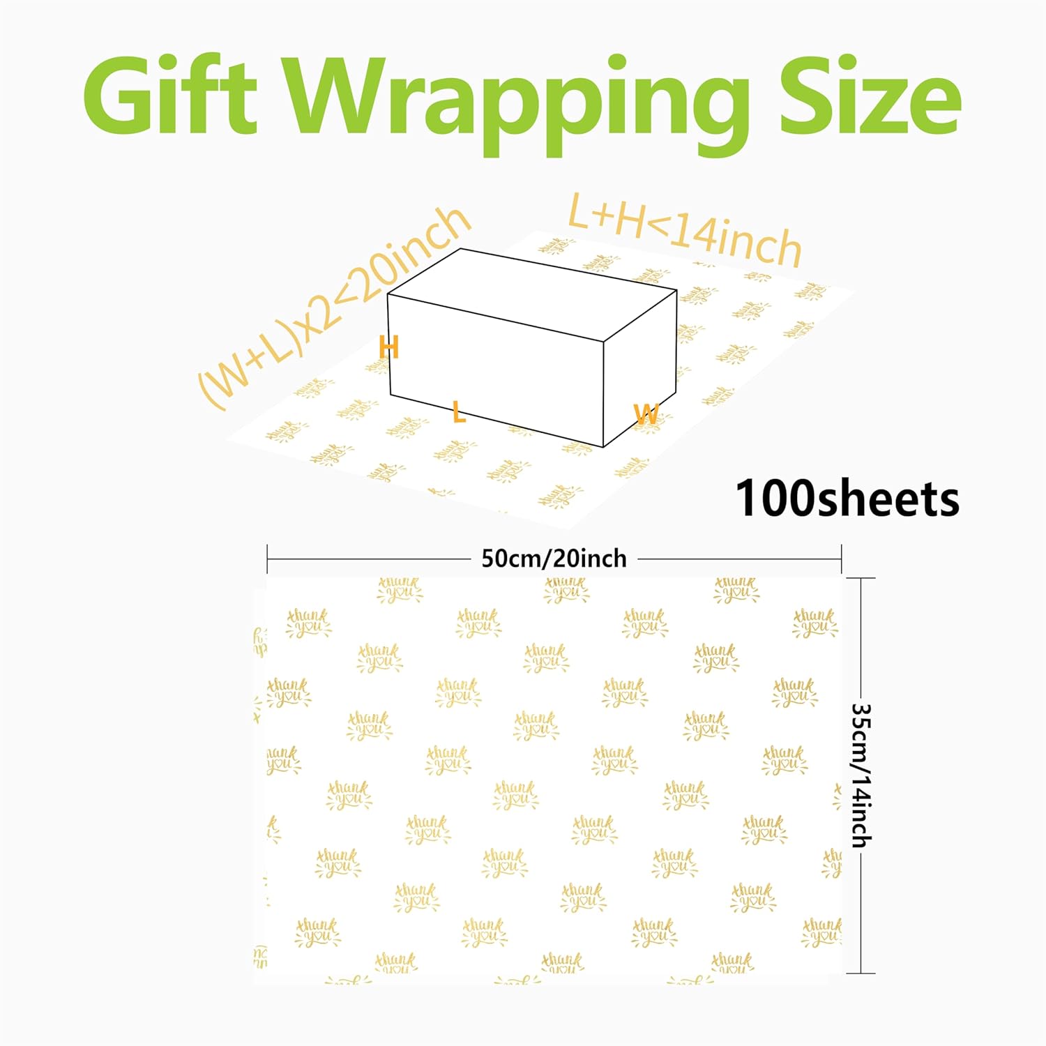 100 Sheets Golden Thank You Tissue Paper For Gift Bags,20X14 Inch Gift Wrapping Paper For Bridal Shower Birthday (White)