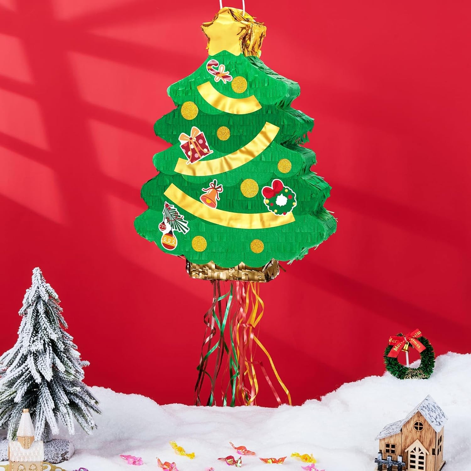 Christmas Tree Pinata - Christmas Decorations Xmastree Party Game For Kids Festival Party Decor Supply Green Tree Design Merry Xmas Favor Pull String With Blindfold Bat 16.5” X 12.4”
