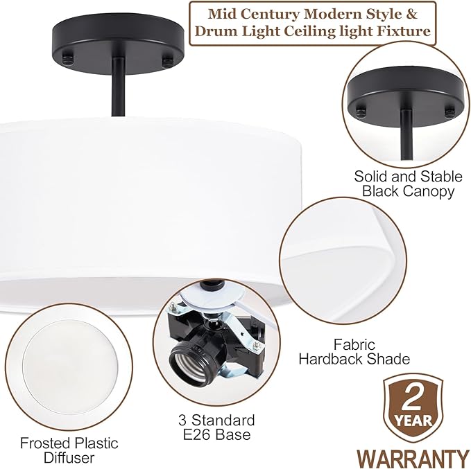 13 Inch Black Semi Flush Mount Ceiling Light Modern 3 Light Fixture