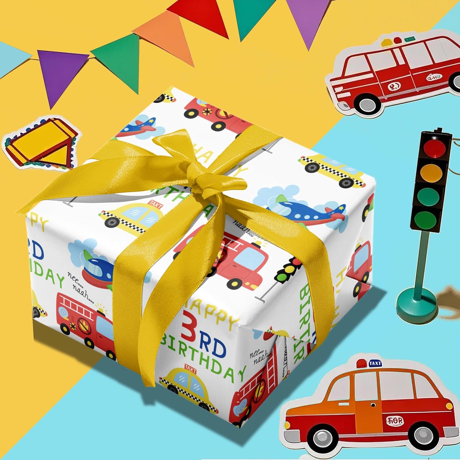 Transport 3Rd Birthday Wrapping Paper - Mini Roll - 17 Inch X 16.5 Feet - Vehicles Cars Wrapping Paper For Kid Boys Birthday, Baby Shower