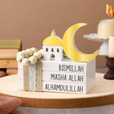 Islamic Wooden Tiered Tray Decor White Book Stack Golden Moon And Beads Start With Bismillah End With Alhamdulillah For Farmhouse Eid Muslim Ramadan Home Tabletop Art Decor(Bismillah)
