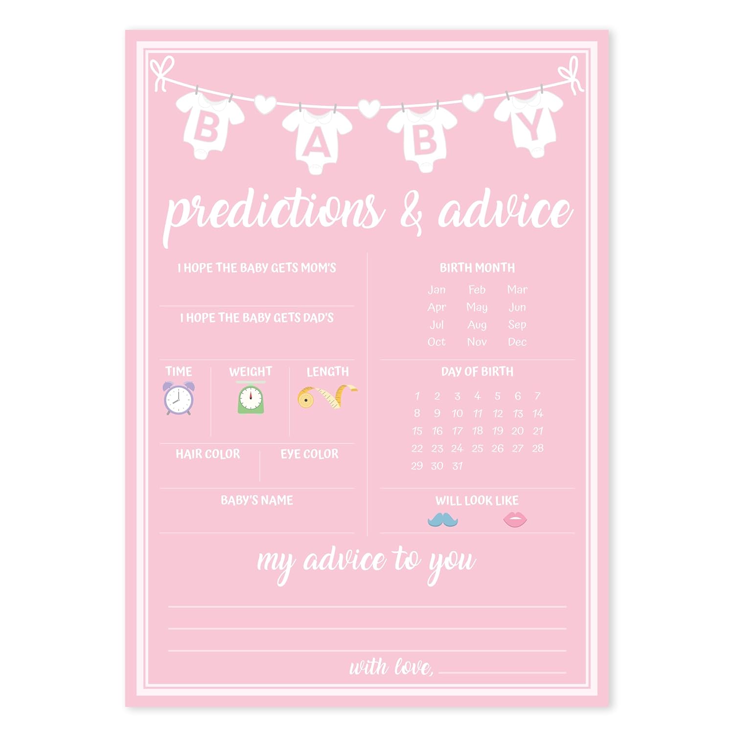 Baby Shower Games For Girl, 50 Pcs Pink Prediction & Advice Game, Fun Activity Cards, Baby Shower Ideas